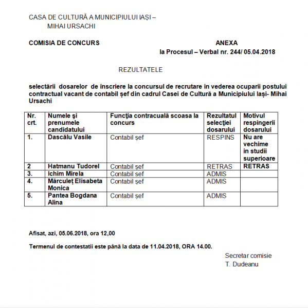 Rezultate selectii dosare concurs